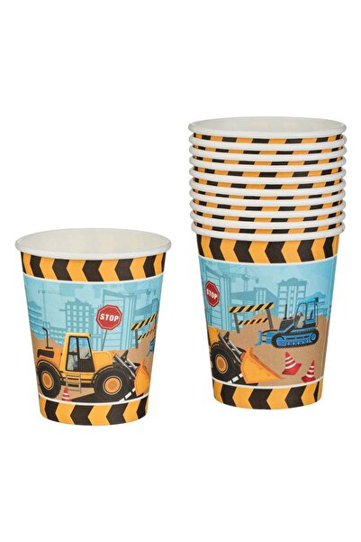 OEM Μπλε Κίτρινα Χάρτινα Ποτήρια Πάρτι με Οχήματα Κατασκευών 240ml - 10 τεμάχια