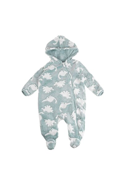 OEM Salopeta Fleece Alba Verde Menta cu Gluga Model Dinozauri pentru Bebelusi...