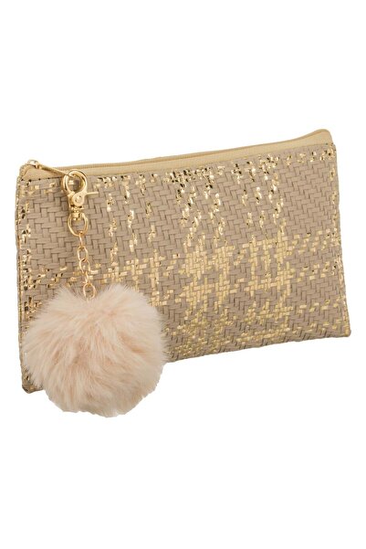 OEM Husa Geanta Bej in Carouri Aurii & Pompon Negru pentru Ochelari de Soare