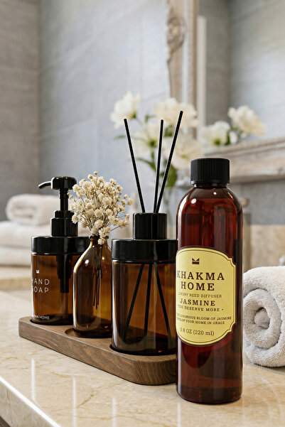 KHAKMA Ahşap Stantlı Amber Cam Sabunluk, Diffuser, Oda Kokusu ve Vazolu Dekoratif Banyo Seti 220 ml