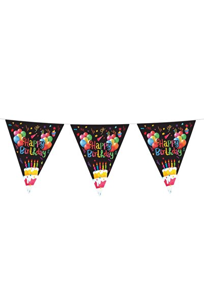 OEM Party Garland with Black Metallic Foil Flags "Happy Birthday" 4.8m - 15pcs