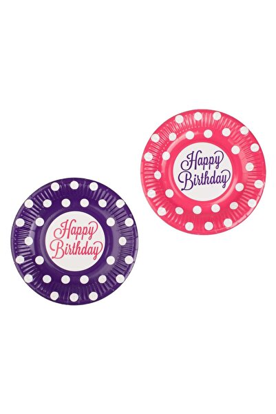 OEM Cardboard Party Plates Fuchsia Purple with Polka Dots Happy Birthday Ø18c...