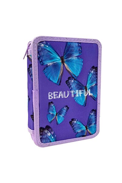 OEM Double Fitted Pencil Case Purple with Blue Butterflies14x4x20cm