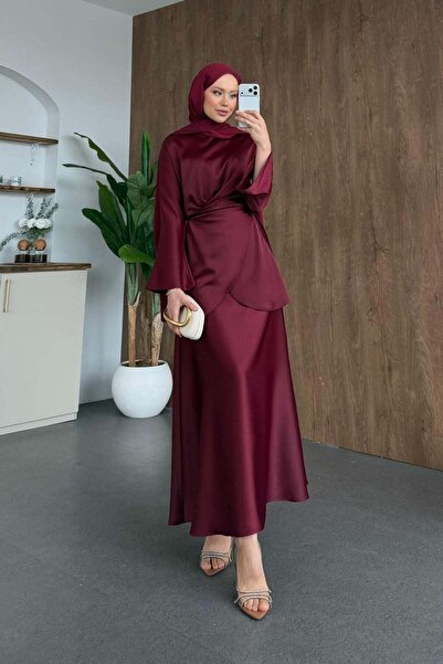 Hazamoda Olga Saten Takım Bordo