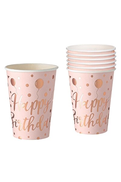 OEM Pink Gold Party Cardboard Cups Happy Birthday Foil Balloons 270ml - 6pcs