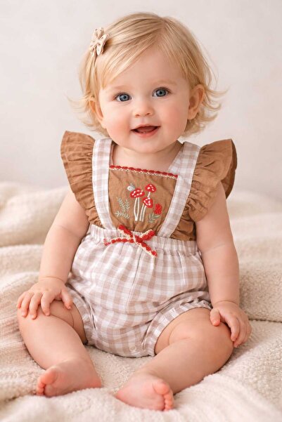 krm kerem bebe Baby Girl Mushroom Embroidered Lace Detailed Ruffle Strap Jump...