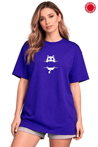 vbs vibes Tutunan Cat Printed Saks Blue Oversize T-Shirt - 100% Cotton