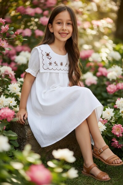 QUB CLUB Girl's White Linen Embroidered New Season Holiday Dress