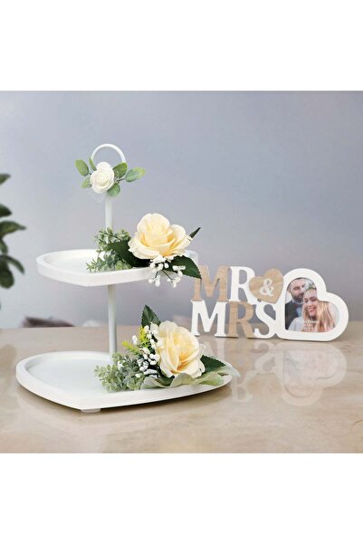 OEM Mr&Mrs Διώροφη Ξύλινη Βάση Τούρτας σε Σχήμα Καρδιάς, Λευκή