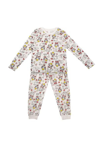 OEM Set Pijama de Iarna din Bumbac Ecru Pisicute pentru Copii 5-6 Ani