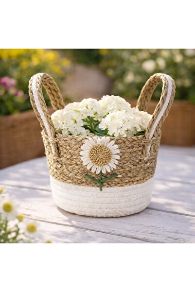 OEM Καλάθι οργάνωσης διακοσμημένο με μαργαρίτες και εκρού λεπτομέρειες Ø20x15εκ.