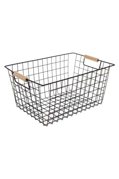 OEM Square Metal Basket Ecru with Wooden Handle 24.5x24.5x18cm