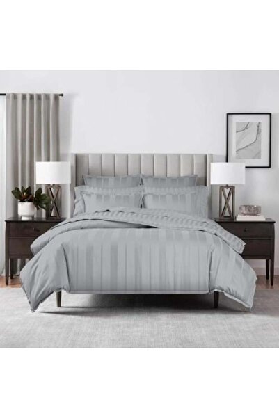 damask Hotel Comforter Set Single and Half with Striped Pattern - Silver Colo...