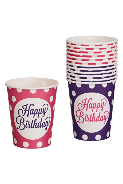 OEM Fuchsia Purple Polka Dot Cardboard Party Cups "Happy Birthday" 240ml - 12pcs