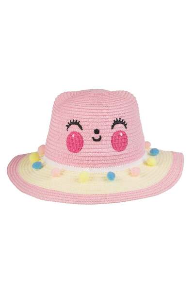 OEM Εκρού ροζ καπέλο με σχέδιο γάτας και πολύχρωμη φούντα για παιδιά