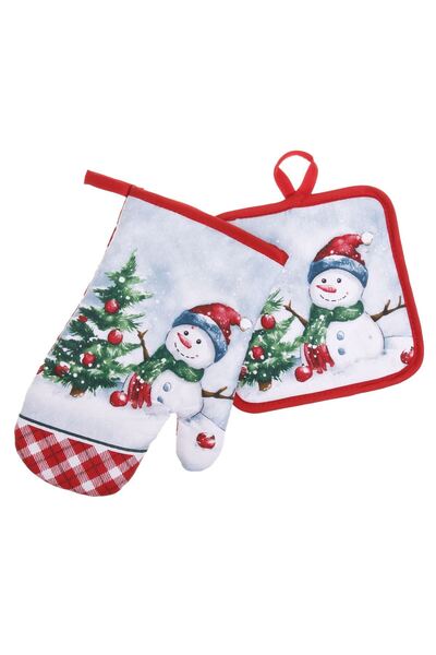 OEM Red White Snowman Christmas Kitchen Mitt & Napkin - 2pcs