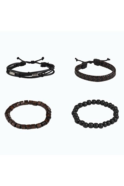 OEM Unisex Summer Bracelets Brown with Black Wooden Beads - 4pcs