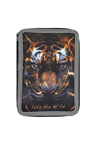 OEM Double Fitted Pencil Case Black with Tiger Pattern 15x4x20cm