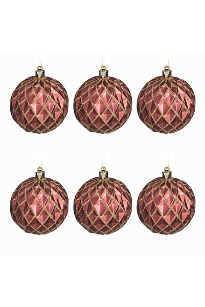 OEM Set Globuri de Craciun Bordo cu Romburi Reliefate Mate & Glitter Auriu Ø8...