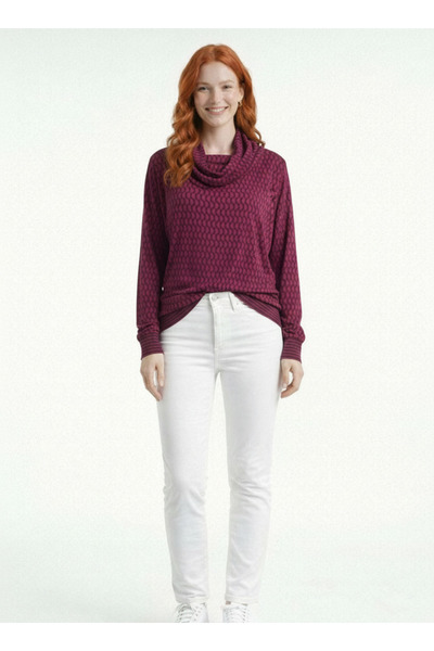 Neden Tekstil Women's Burgundy Knitwear Long Sleeve Turtleneck Blouse