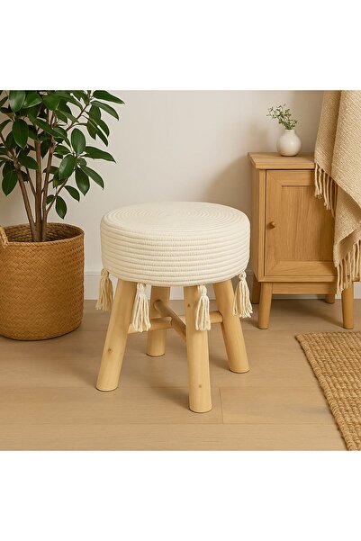 OEM Wooden Stool with White Macrame & Tassels 30x42cm