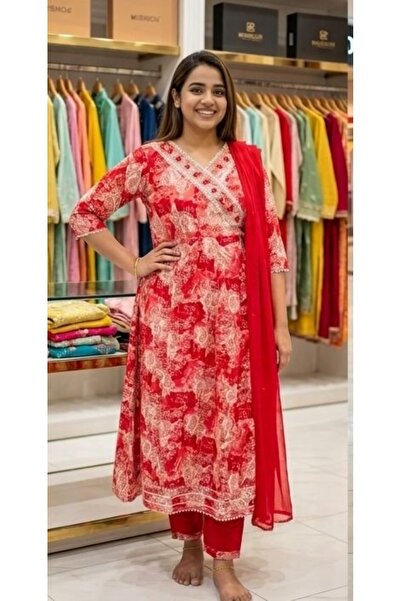 Genaric Women’s Rayon Printed Long Kurta Salwar Suit Set 3 Piece – Unstitched Ethnic Dress with Dupatta.