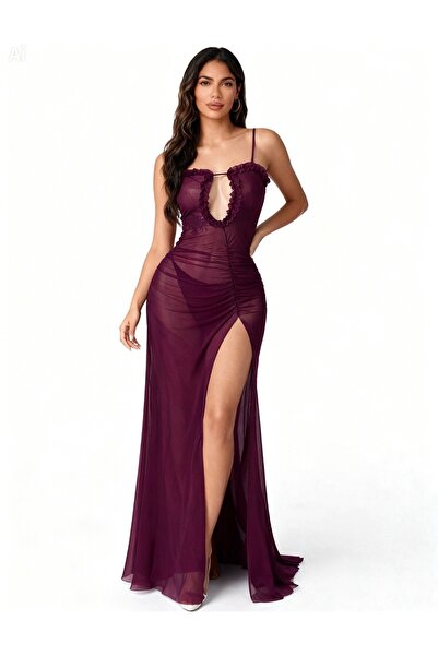 Mores Mor Balayı Geceliği Uzun Yırtmaçlı Göğüs Dekolteli Şık Gecelik-Tanga He...