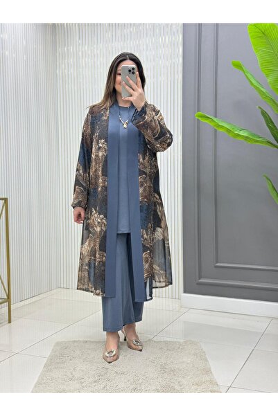 Modam Bella Plus Size Patterned Chiffon Cardigan Triple Set