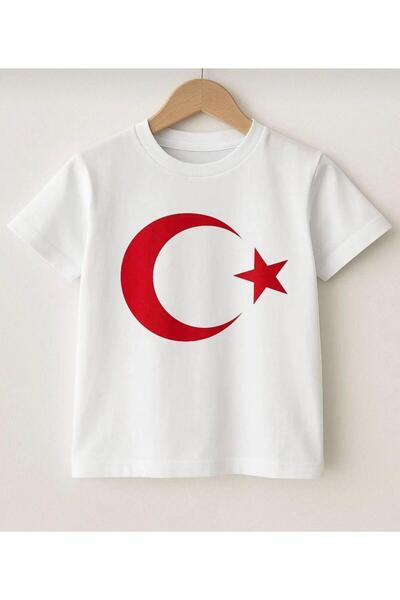 TİNY GOLDEN Unisex Kids Crew Neck Cotton White Moon Star Turkish Flag Short S...