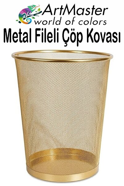 Artmaster Altın Sarı Çöp Kovası Paslanmaz Çelik Fileli 1 Adet Ofis Büro Okul ...