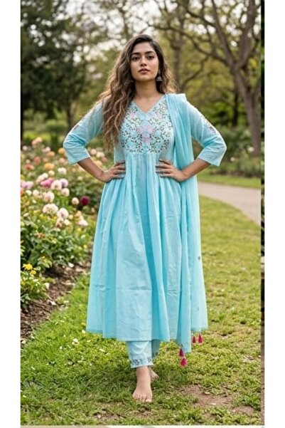 Genaric Women Aqua 100% Cotton Anarkali Kurta Set with Dupatta | Summer Colle...