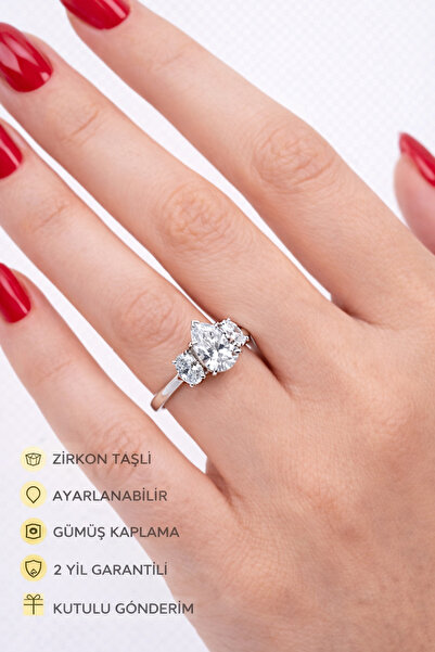 HUBANN Zirkon Taşlı Damla Tektaş Yüzük Silver Ayarlanabilir 3 Taşlı Parlak Gü...