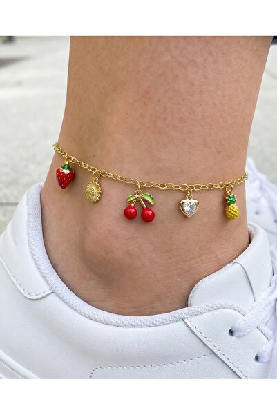 GKCBijoux 316L Çelik Altın Renk Çilek Kiraz Ananas Kalp Figürlü Sallantılı Ha...