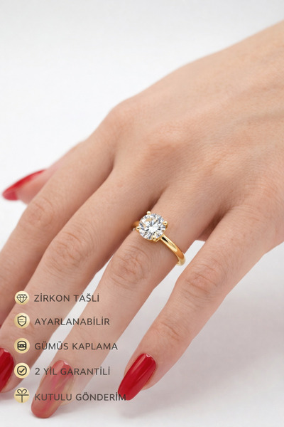 HUBANN Zirkon Taşlı Tektaş Yüzük 7 mm Gold Ayarlanabilir Parlak Büyük Taş Güm...