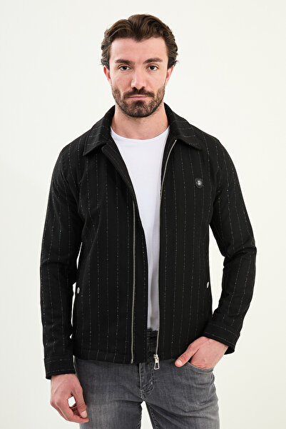 Mcr Striped Slim Fit Shirt Collar Zipper Men's Coat Black - 39654.25K