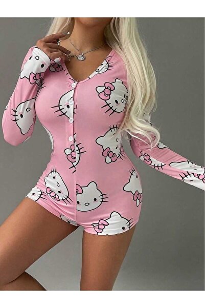 Viselya Pijama salopetă cu mânecă lungă, cu nasturi, cu model Hello Kitty, di...