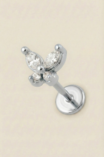 Hetra Gümüş Renkli Cerrahi Çelik Minimal Kelebek Formlu Flatback Piercing – T...