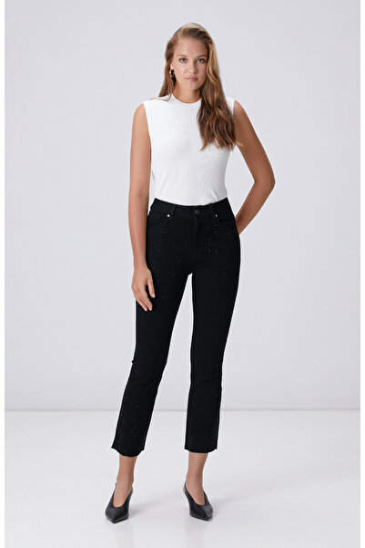 Network Siyah Kesik Paça Detaylı Taş Baskı Denim Pantolon