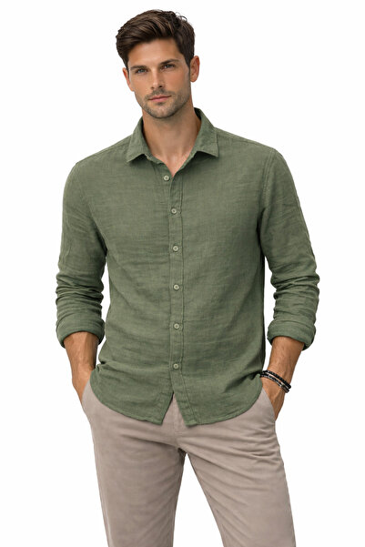 Afri Khaki Men's Half Oversize Linen Shirt – Relaxed Fit, Breathable Summer F...