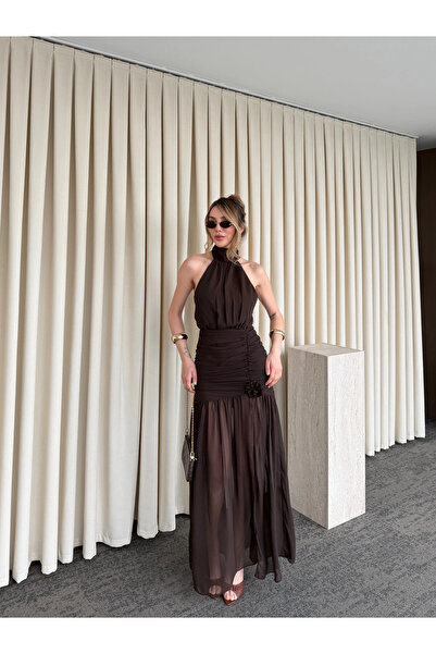 Laluvia Brown Rose Detailed Chiffon Dress - 2485