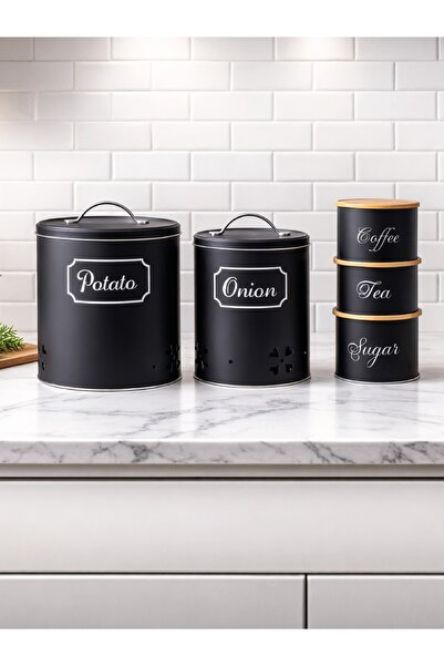decorev Mat Siyah Metal Mutfak Saklama Kutusu Seti – Patates, Soğan & Kahve/Ç...