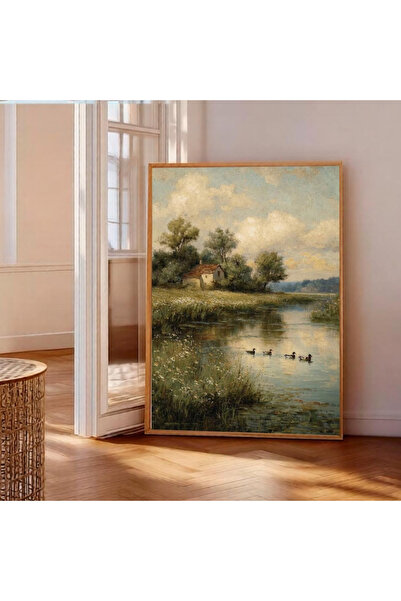 Tuba Decor Εικόνα με ξύλινο πλαίσιο ενός τεμαχίου, αγροτικό τοπίο με ποτάμι