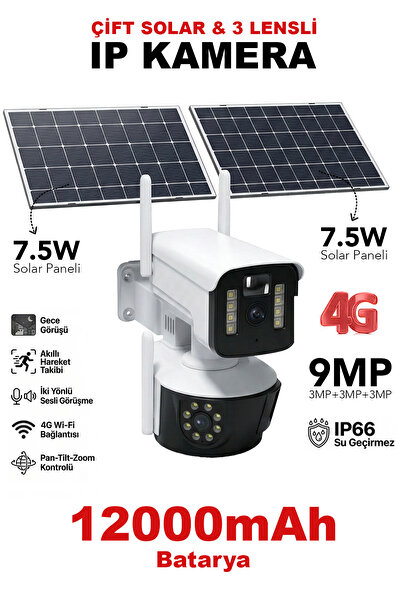 mimtec Çift Solar Panel IP Kamera - 120000mAh Kapasite Çoklu Lensli Su Geçirm...