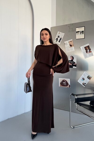 Serica Moda Rochie lungă cu design șal maro