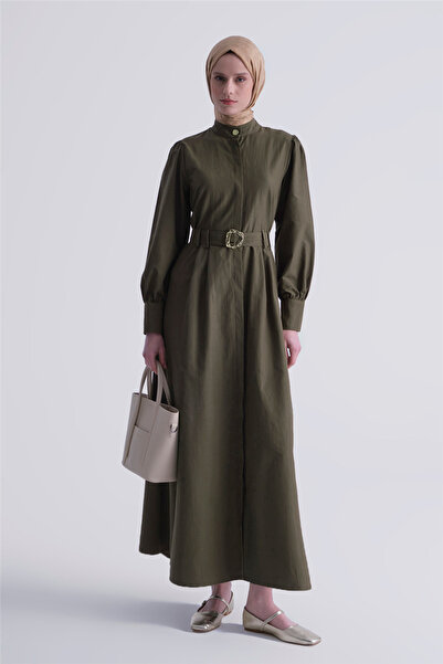 Armine Gold Düğmeli Kemerli Poplin Elbise Haki