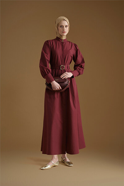 Armine Gold Düğmeli Kemerli Poplin Elbise Bordo