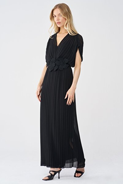 FEVER Pliseli çiçek kemerli şifon elbise