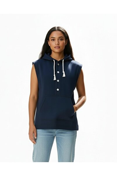 LYVEAN Hooded Sleeveless Buttoned Three-Thread Combed Cotton Sweatshirt