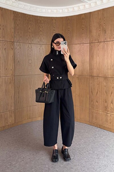 My Blog Μαύρο Σετ Πουκάμισο με Όρθιο Γιακά και Ζώνη και Παντελόνι - 51310