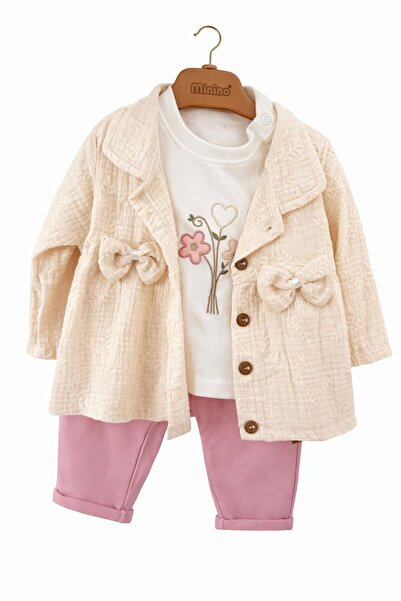 Hilora Baby Kids Bow Detailed Muslin 3-Piece Baby Set – Cream/Powder (Cotton)